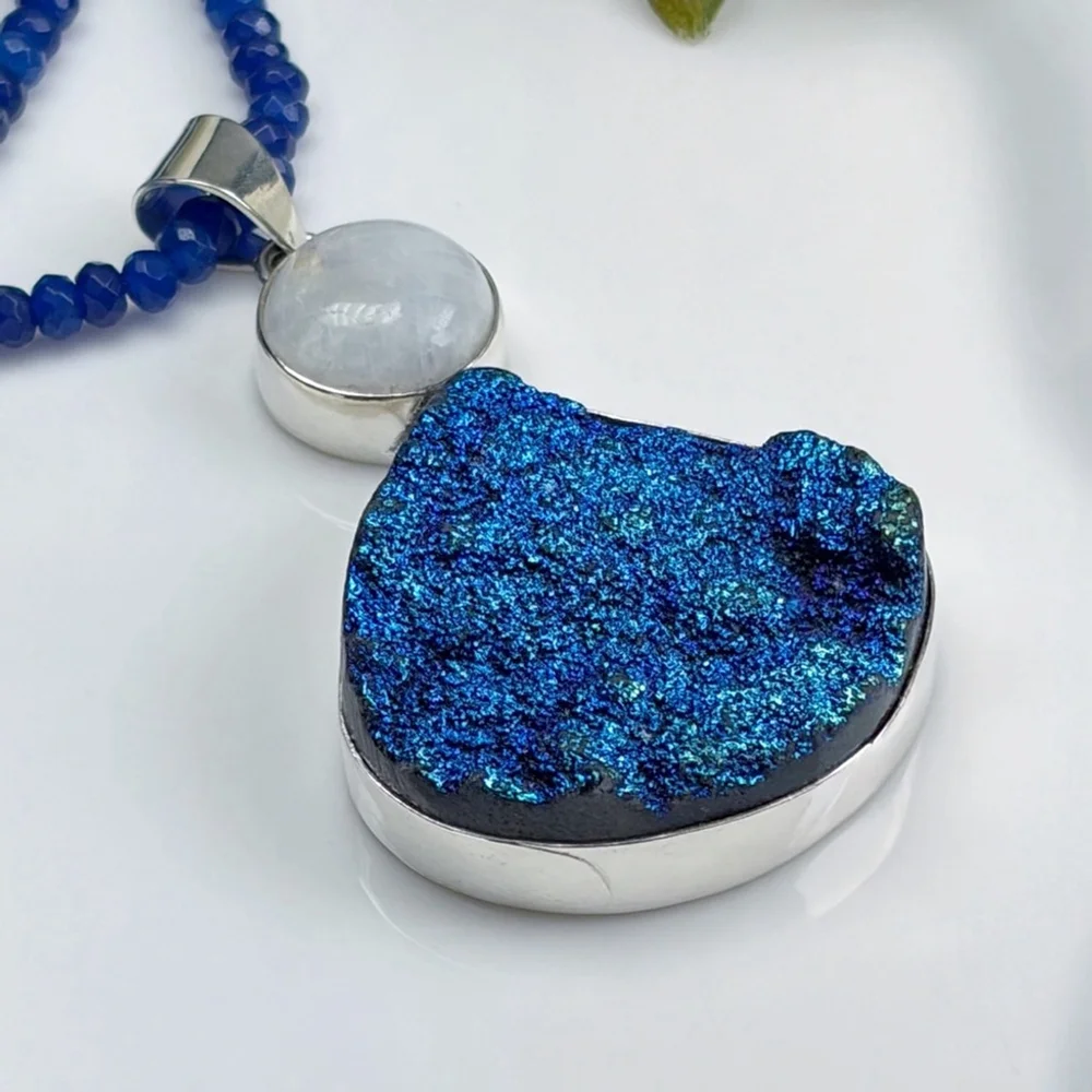 Genuine Titanium Druzy Quartz Moonstone Pendant Necklace Jewelry Set Lot 925
